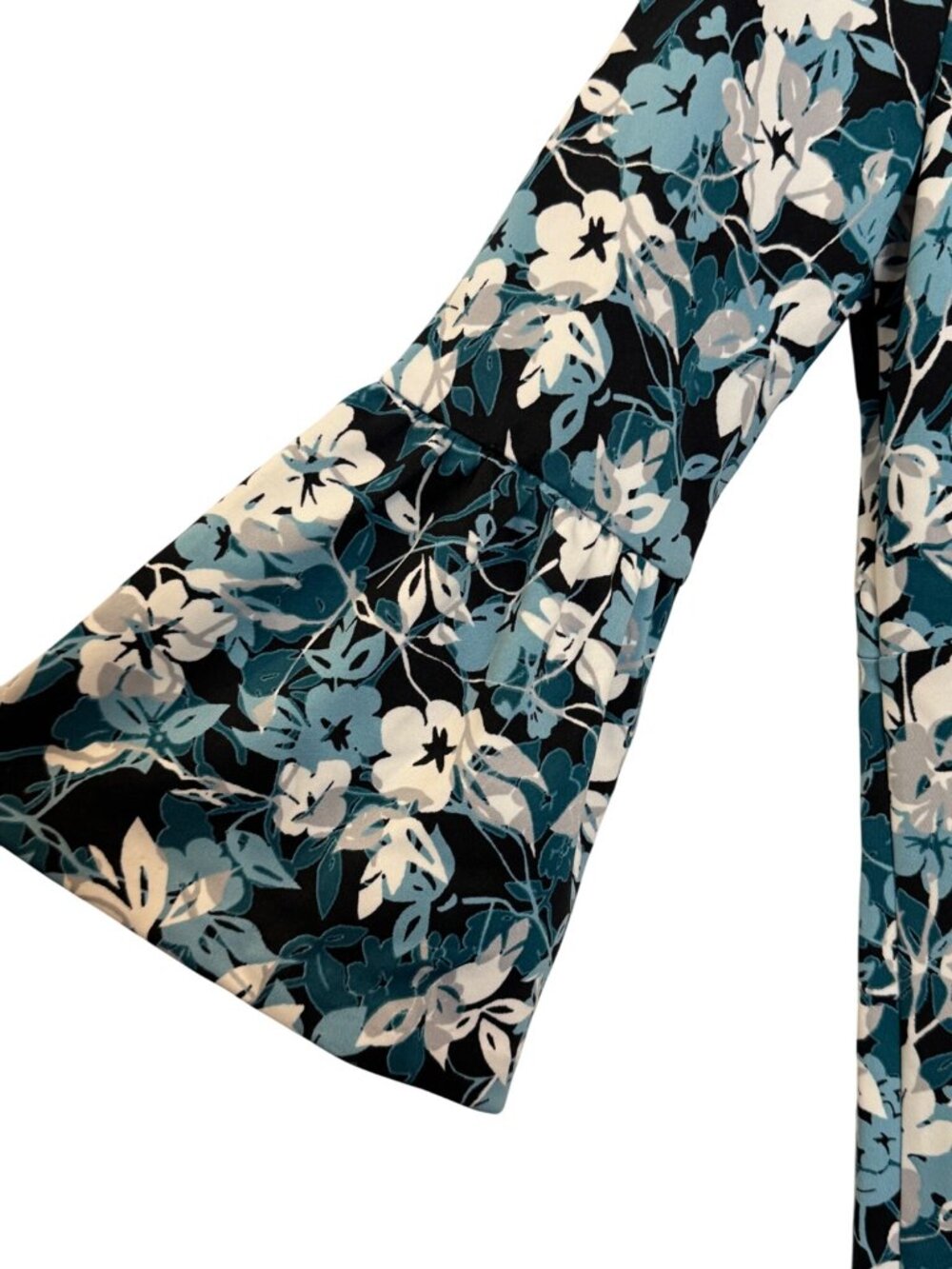 Floral Print 3/4 Sleeve Dress With Flared Cuffs Black & Teal Size M 95% Polyeste - Picture 3 of 6